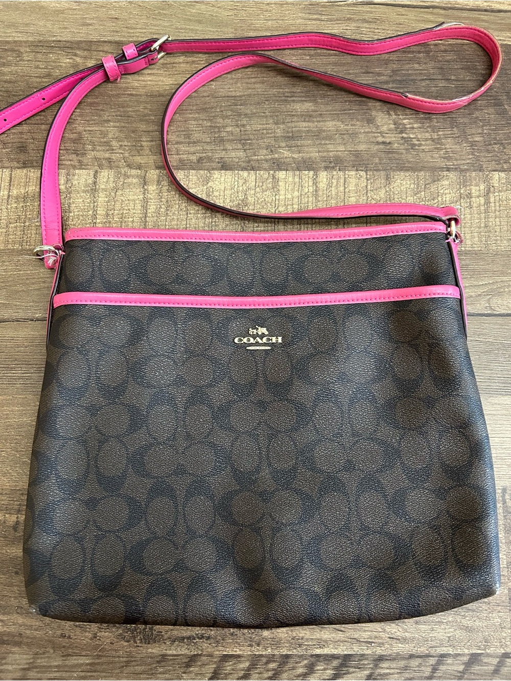 Coach Signature File Crossbody Bag Brown Black Hot Pink Leather Trim F23866